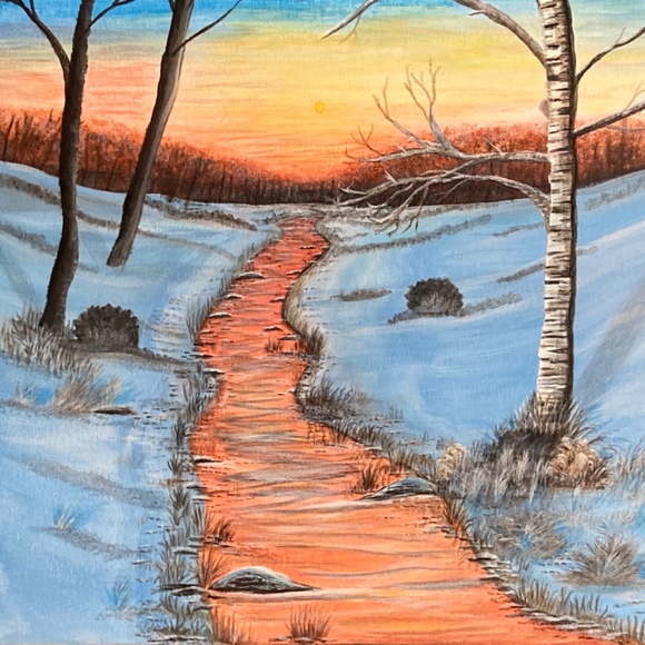Winter Sunset Acrylic Painting on 14X14” stretched canvas - Picture 4 of 6